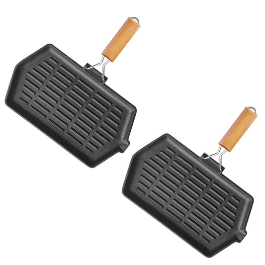 Cast Iron Griddle Grill Frying Pan 2X Rectangular with Folding Wooden Handle