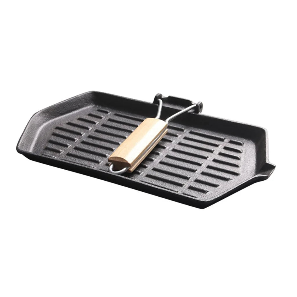 Cast Iron Griddle Grill Frying Pan 2X Rectangular with Folding Wooden Handle