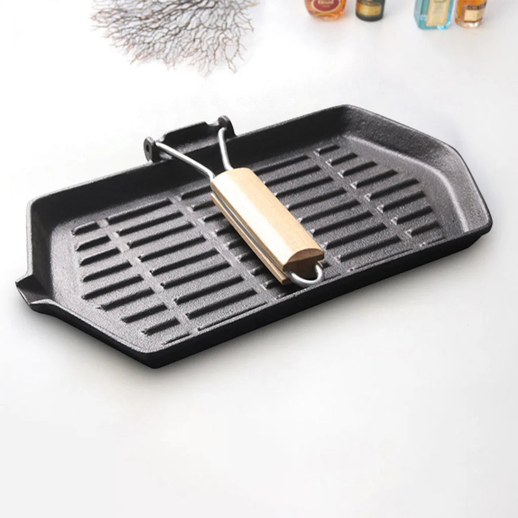 Cast Iron Griddle Grill Frying Pan 2X Rectangular with Folding Wooden Handle