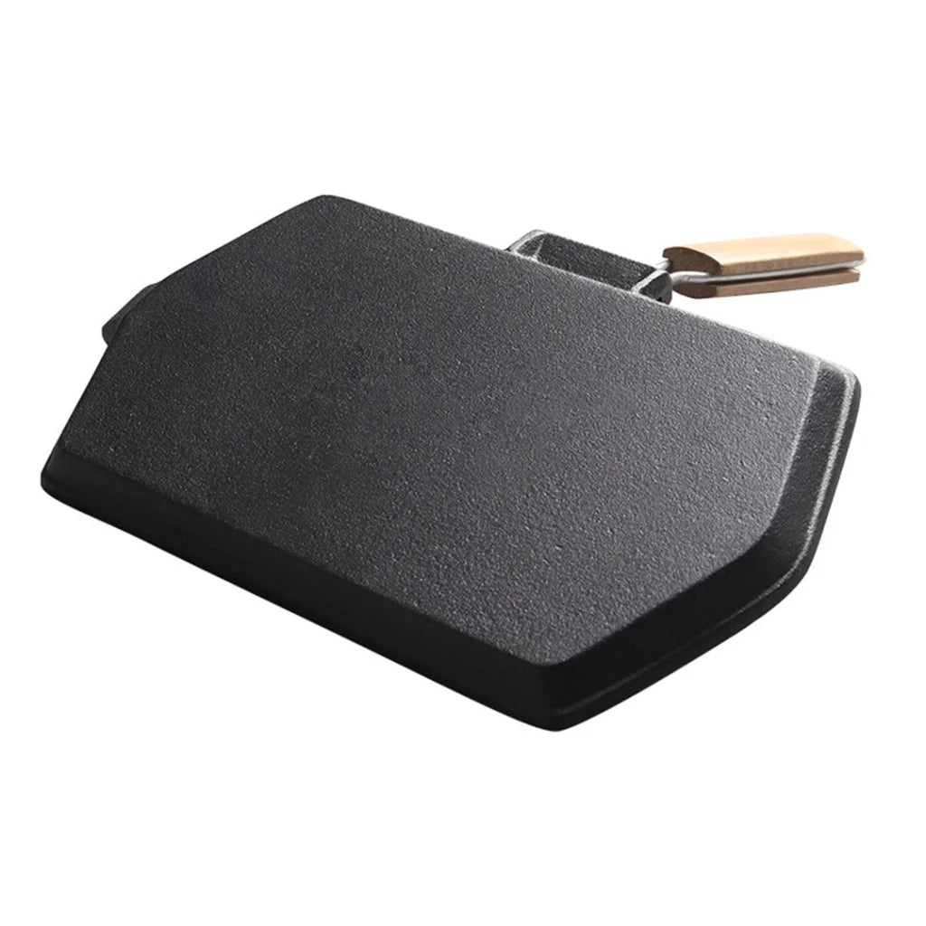 Cast Iron Griddle Grill Frying Pan 2X Rectangular with Folding Wooden Handle