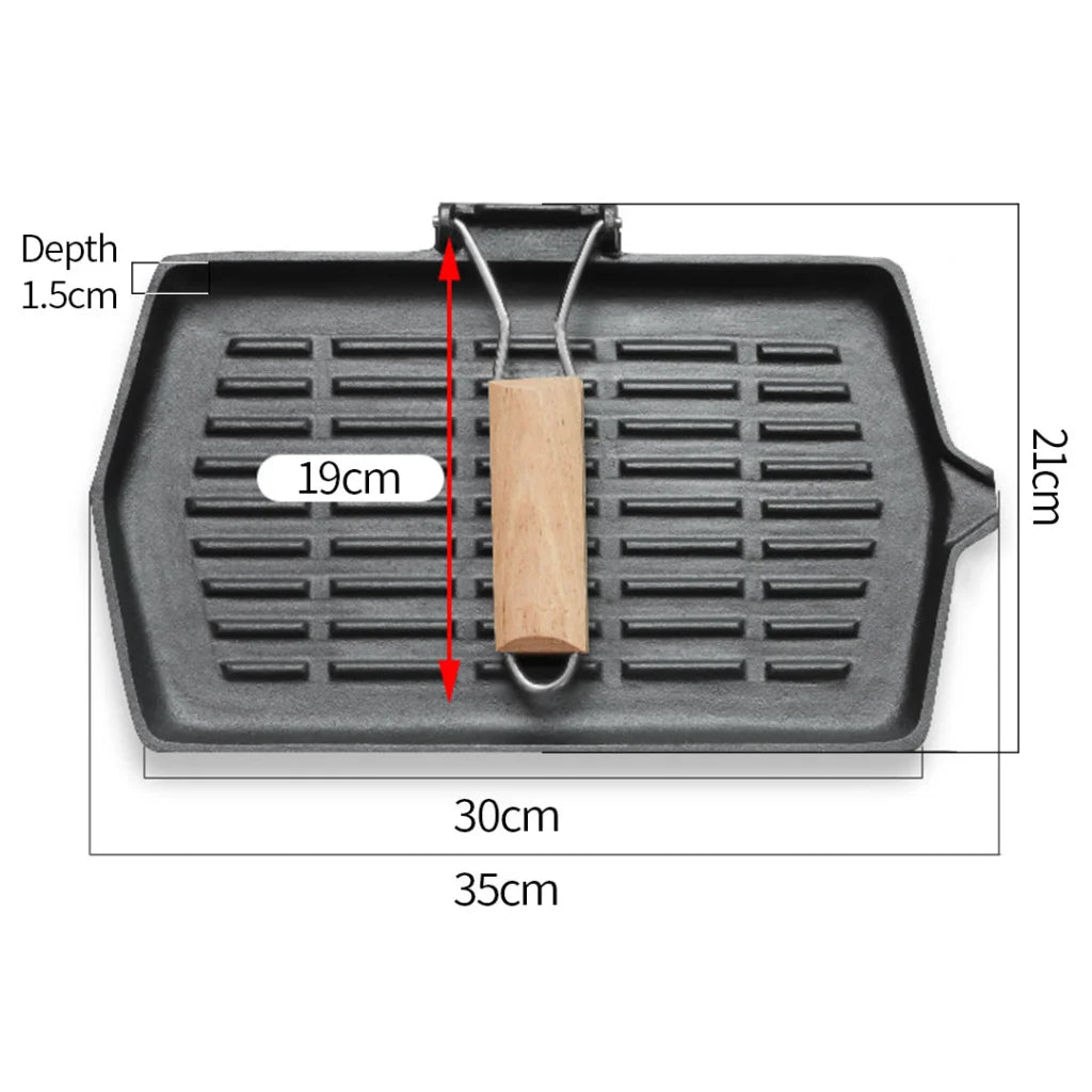 Cast Iron Griddle Grill Frying Pan 2X Rectangular with Folding Wooden Handle