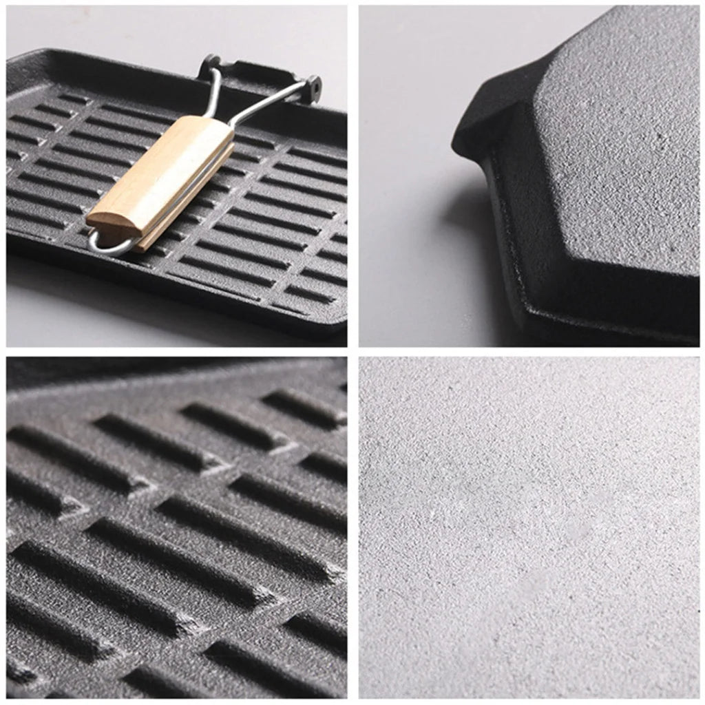 Cast Iron Griddle Grill Frying Pan Rectangular with Folding Wooden Handle
