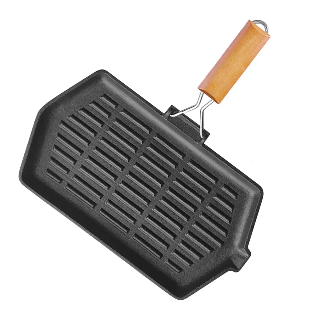 Cast Iron Griddle Grill Frying Pan Rectangular with Folding Wooden Handle