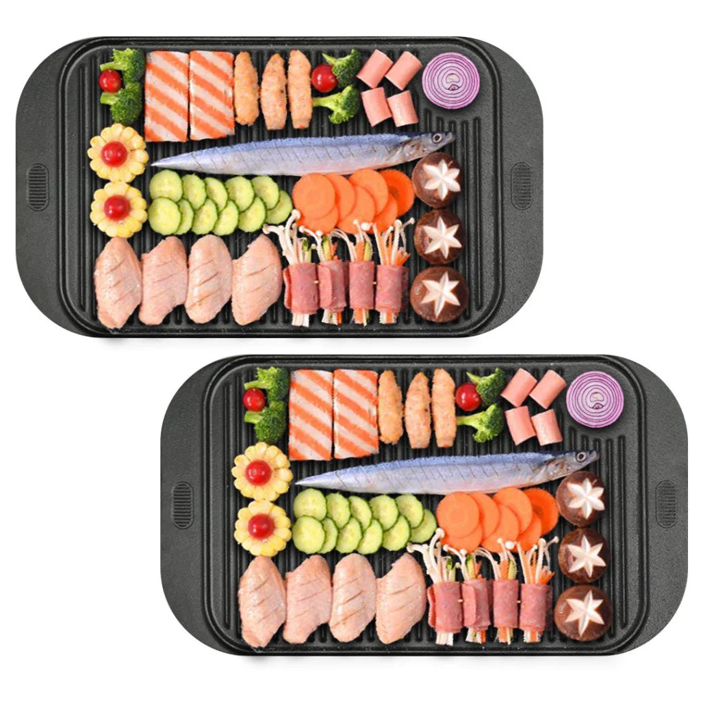 Cast Iron Griddle Hot Plate Set Premium 2X 47cm Ridged BBQ Stovetop Grill Pan