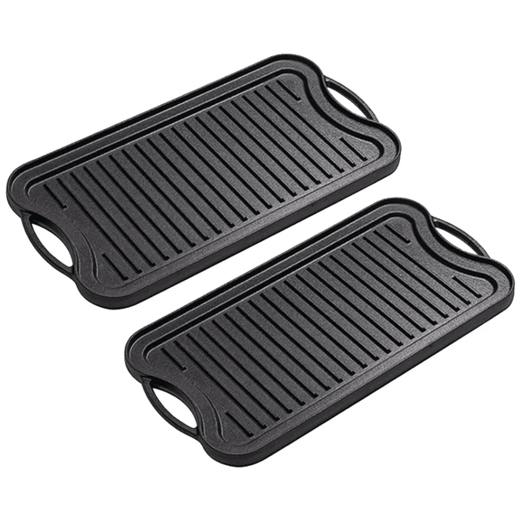 Cast Iron Griddle Hot Plate Set Premium 2X 50.8cm Ridged BBQ Stovetop Grill Pan