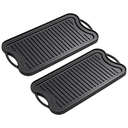 Cast Iron Griddle Hot Plate Set Premium 2X 50.8cm Ridged BBQ Stovetop Grill Pan