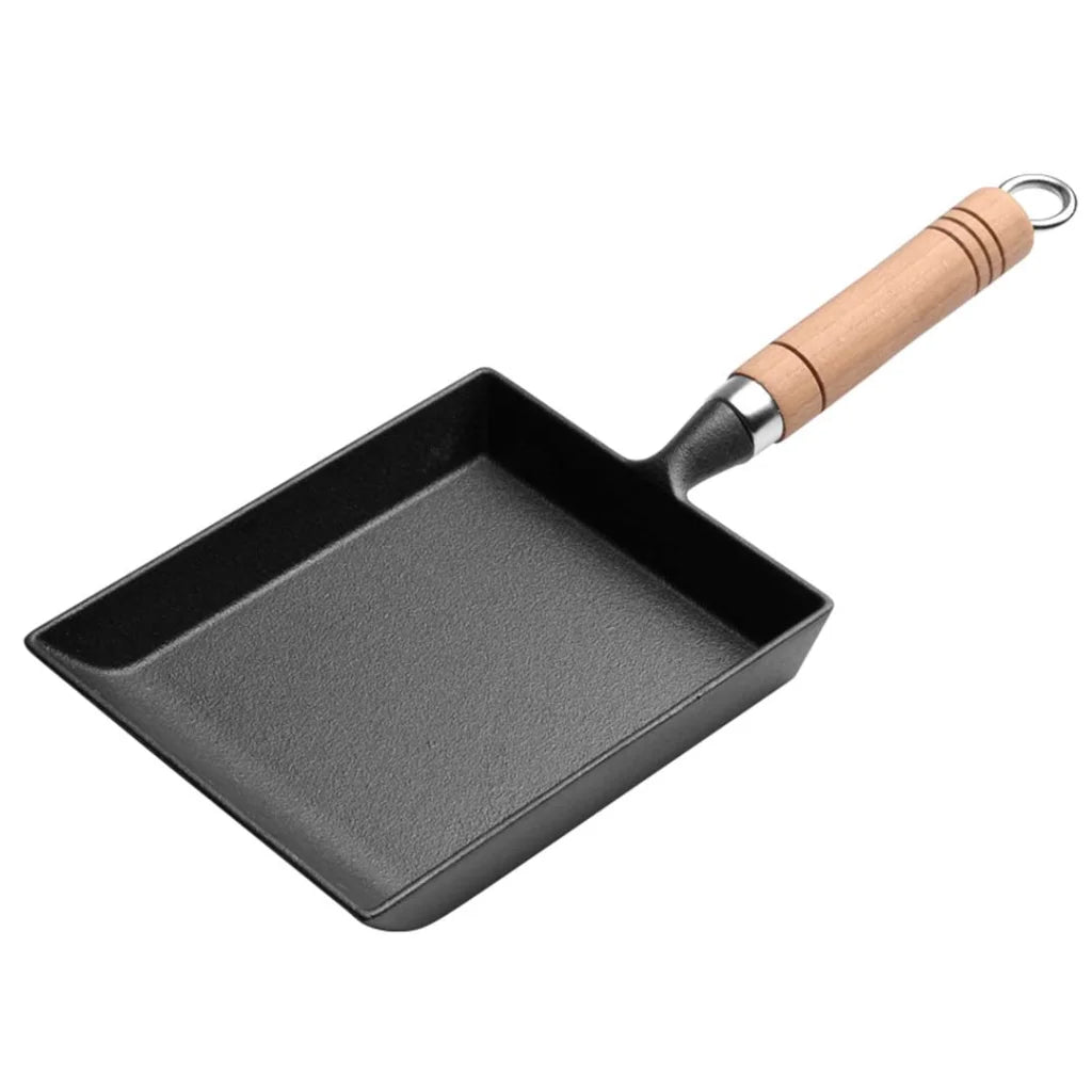 Cast Iron Japanese Omelette Pan Premium Tamagoyaki Egg Frying Skillet with Wooden Handle