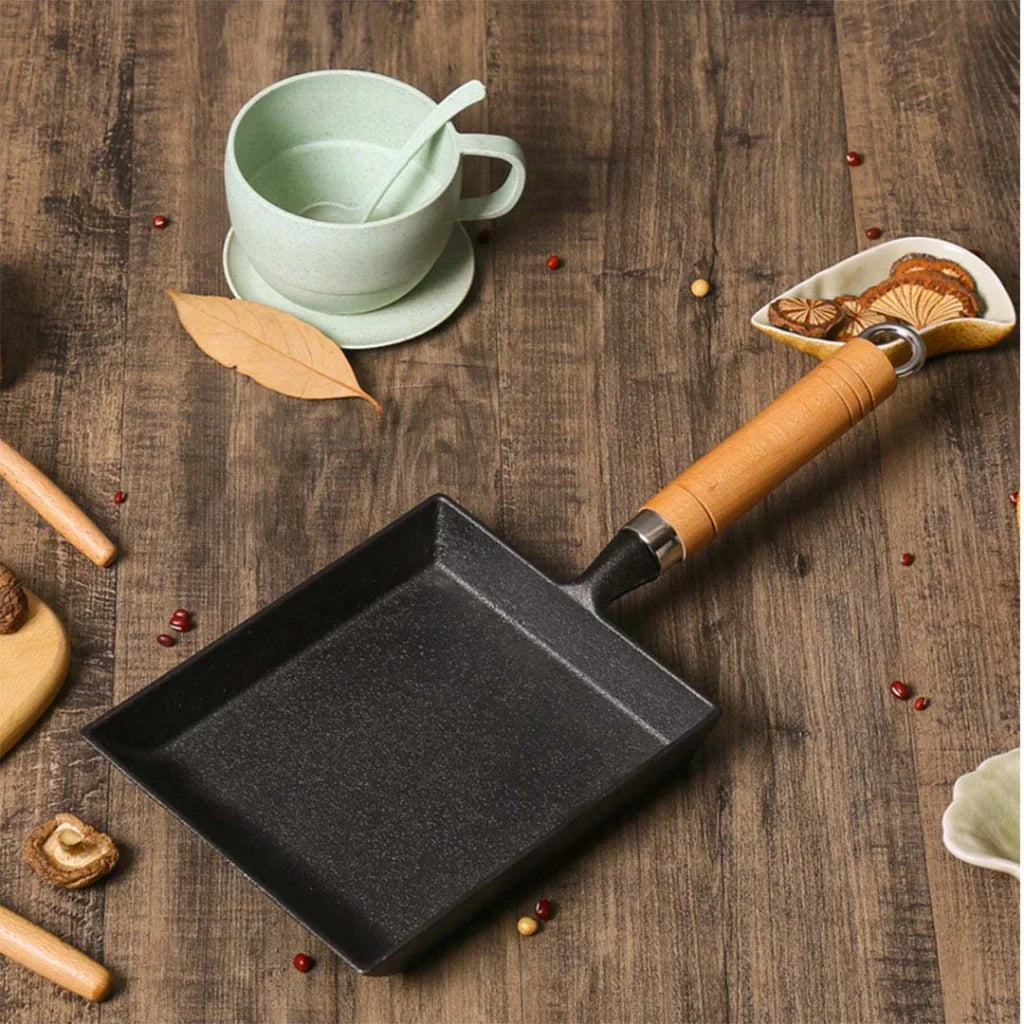 Cast Iron Japanese Omelette Pan Premium Tamagoyaki Egg Frying Skillet with Wooden Handle