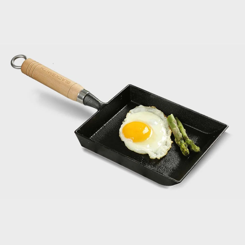 Cast Iron Japanese Omelette Pan Premium Tamagoyaki Egg Frying Skillet with Wooden Handle