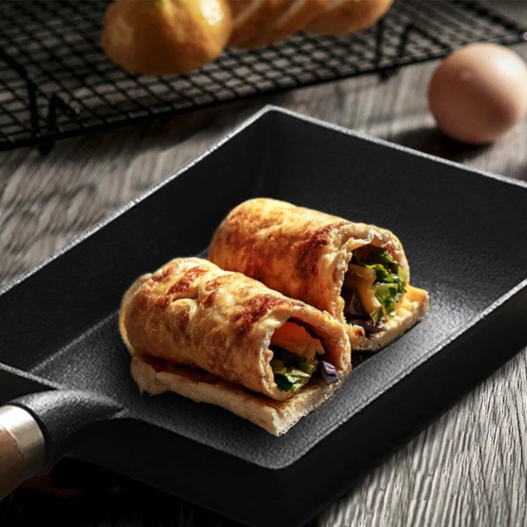 Cast Iron Japanese Omelette Pan Premium Tamagoyaki Egg Frying Skillet with Wooden Handle