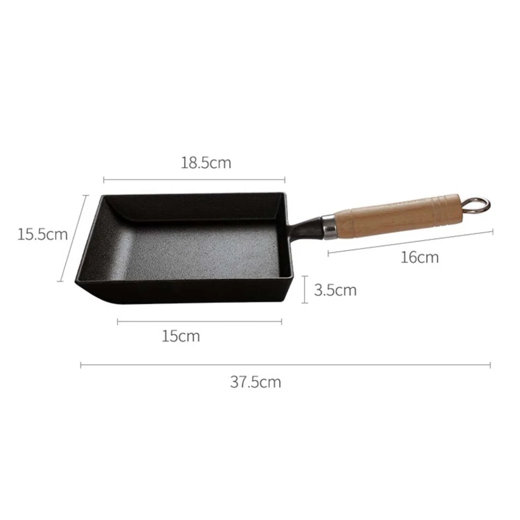 Cast Iron Japanese Omelette Pan Premium Tamagoyaki Egg Frying Skillet with Wooden Handle