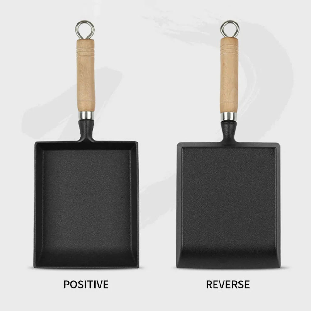 Cast Iron Japanese Omelette Pan Premium Tamagoyaki Egg Frying Skillet with Wooden Handle