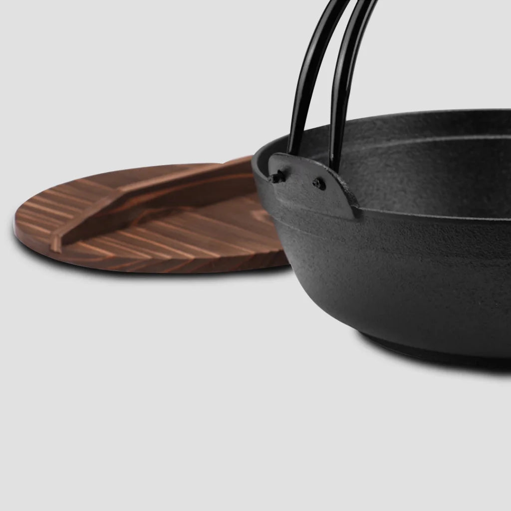 Cast Iron Japanese Sukiyaki Hot Pot Premium 29cm Tetsu Nabe Shabu with Wooden Lid