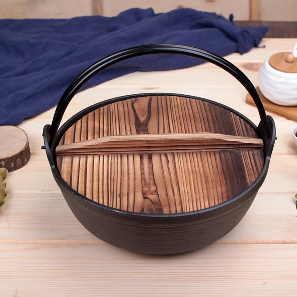 Cast Iron Japanese Sukiyaki Hot Pot Premium 29cm Tetsu Nabe Shabu with Wooden Lid