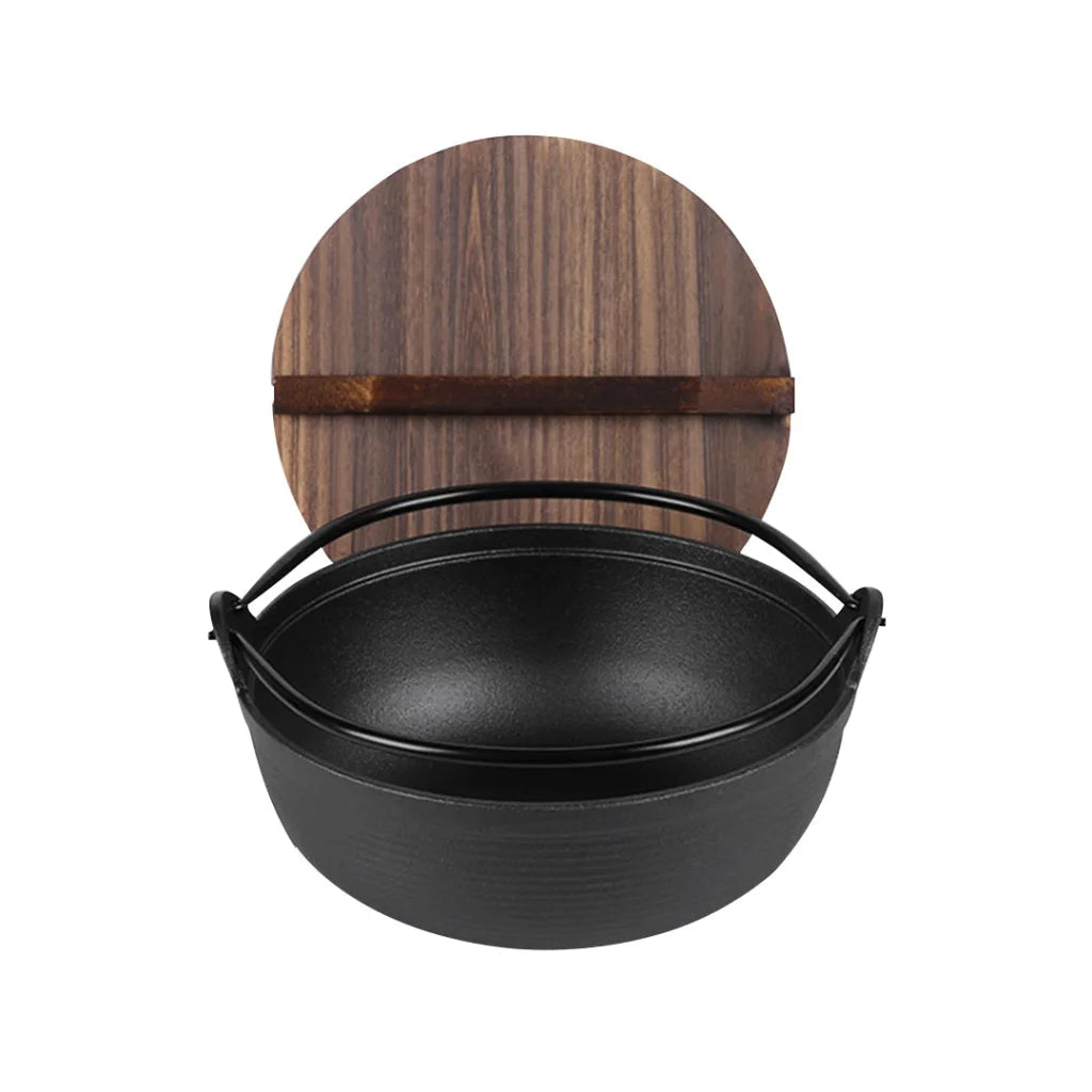 Cast Iron Japanese Sukiyaki Hot Pot Premium 29cm Tetsu Nabe Shabu with Wooden Lid