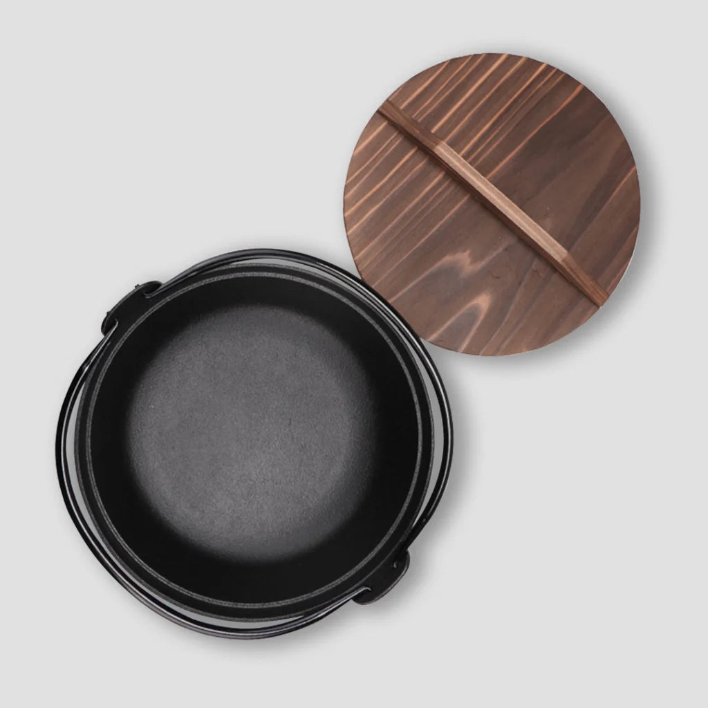 Cast Iron Japanese Sukiyaki Hot Pot Premium 29cm Tetsu Nabe Shabu with Wooden Lid
