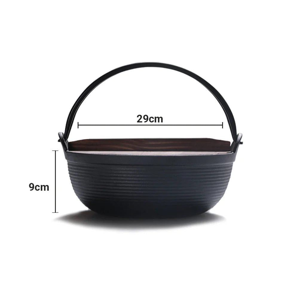 Cast Iron Japanese Sukiyaki Hot Pot Premium 29cm Tetsu Nabe Shabu with Wooden Lid