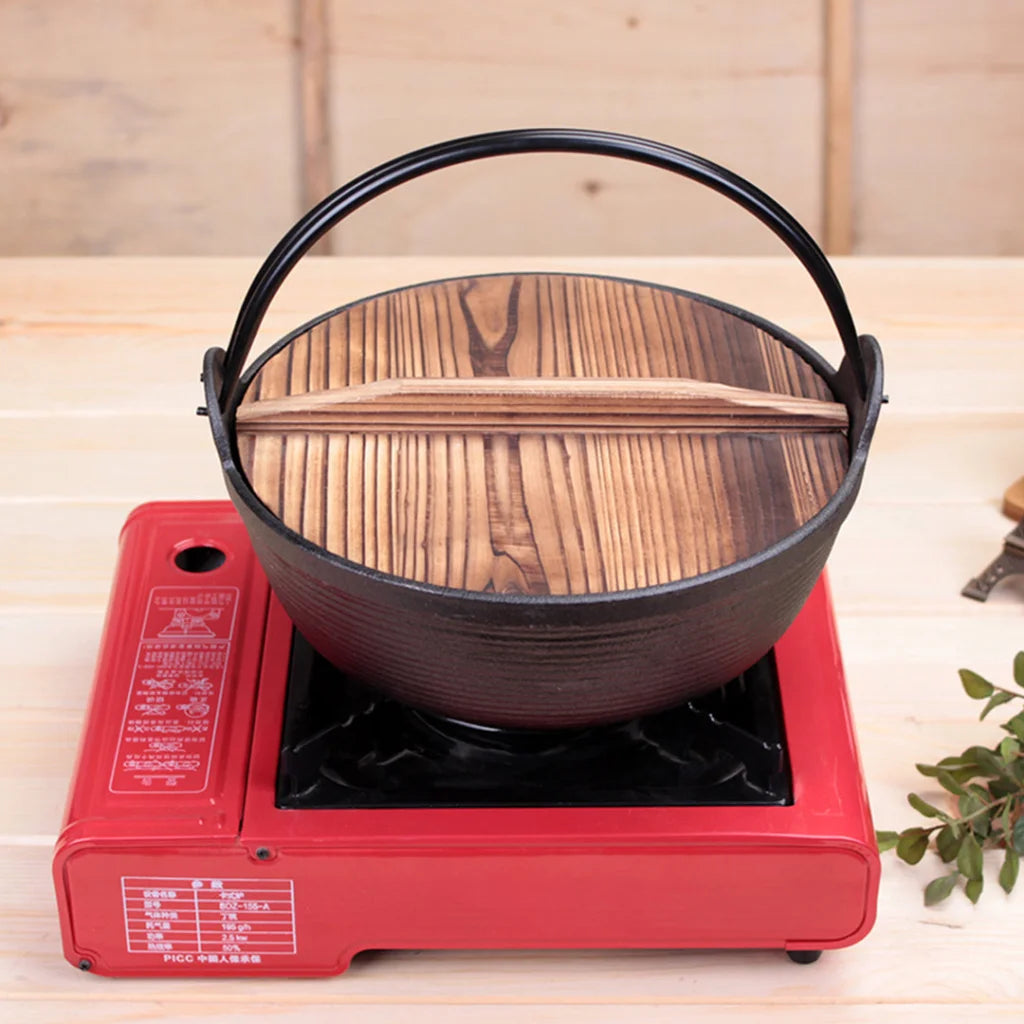 Cast Iron Japanese Sukiyaki Hot Pot Premium 29cm Tetsu Nabe Shabu with Wooden Lid