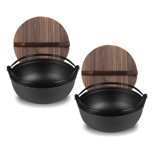 Cast Iron Japanese Sukiyaki Hot Pot Set Premium 2X 25cm Tetsu Nabe Shabu with Wooden Lid