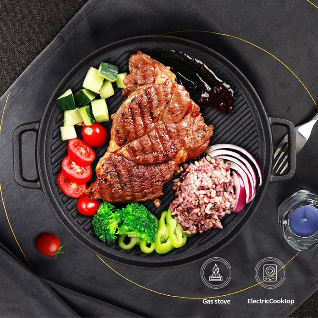 Cast Iron Ribbed BBQ Pan 2X 30cm Round Skillet Steak Sizzle Platter with Handle