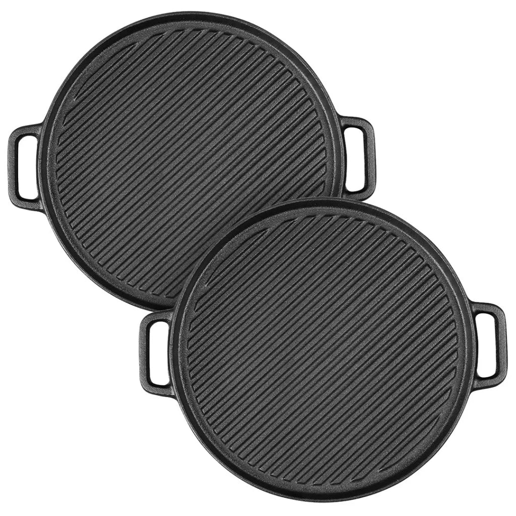 Cast Iron Ribbed BBQ Pan 2X 30cm Round Skillet Steak Sizzle Platter with Handle