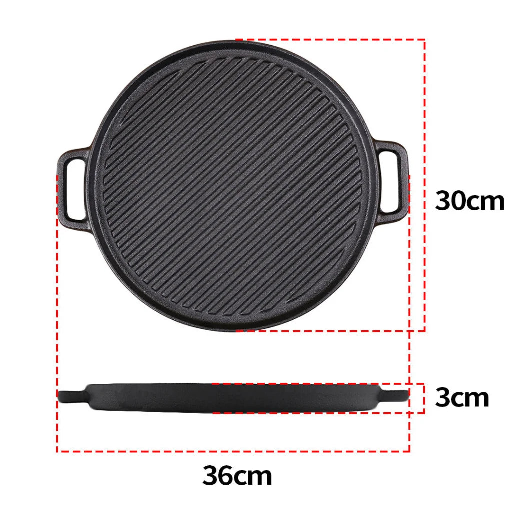 Cast Iron Ribbed BBQ Pan 2X 30cm Round Skillet Steak Sizzle Platter with Handle