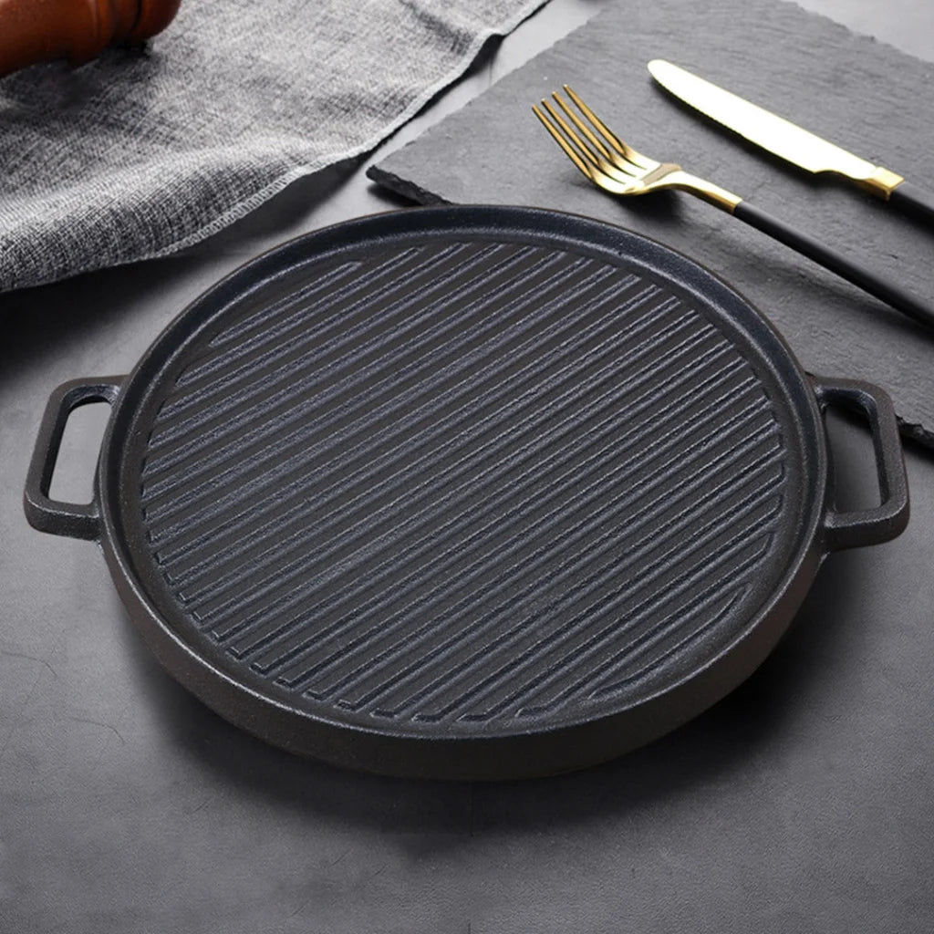 Cast Iron Ribbed BBQ Pan 30cm Round Skillet Steak Sizzle Platter with Handle