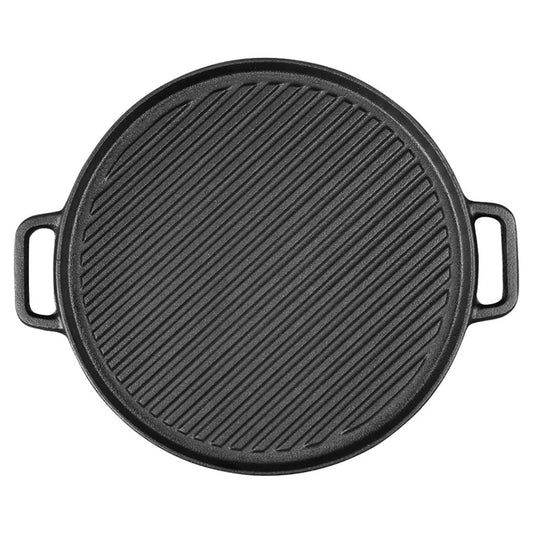 Cast Iron Ribbed BBQ Pan 30cm Round Skillet Steak Sizzle Platter with Handle