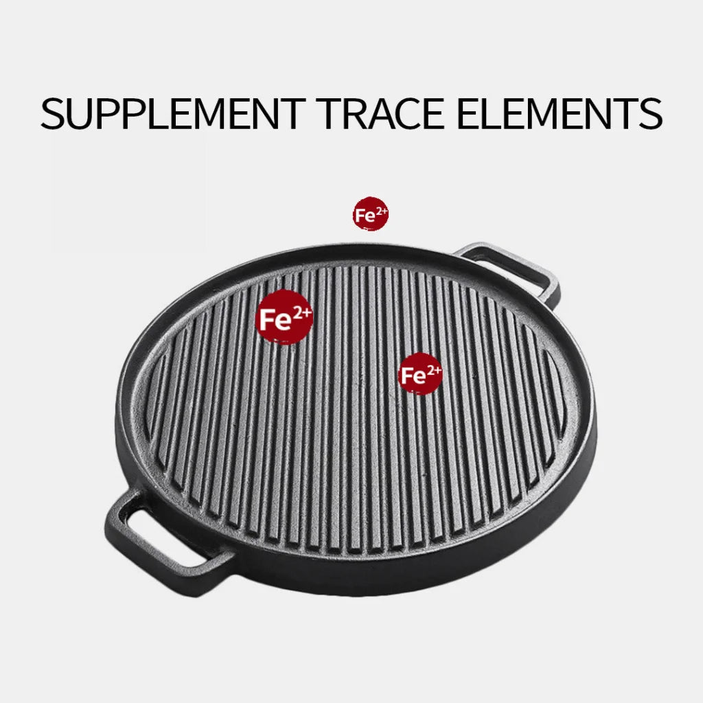 Cast Iron Ribbed BBQ Pan 30cm Round Skillet Steak Sizzle Platter with Handle
