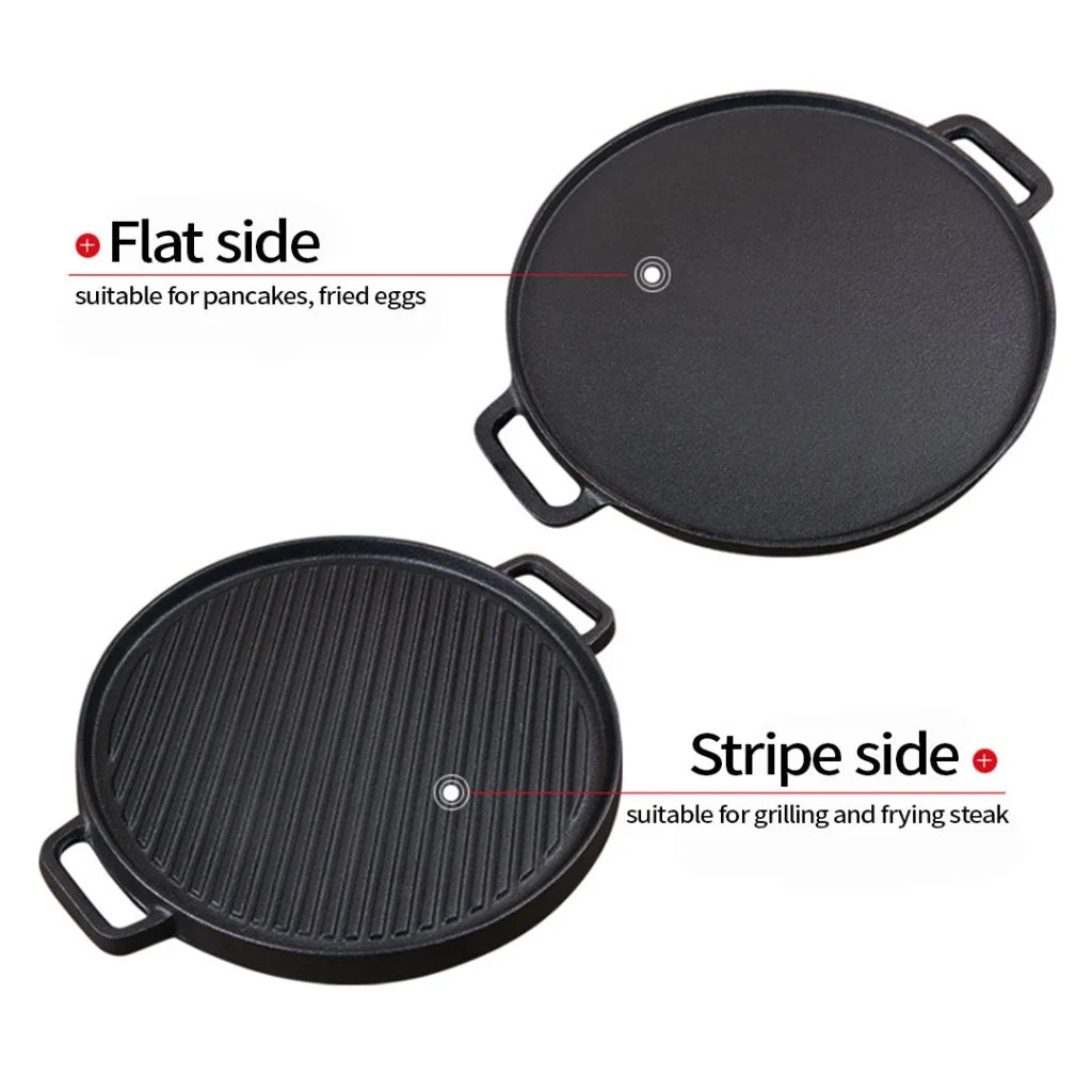 Cast Iron Ribbed BBQ Pan 30cm Round Skillet Steak Sizzle Platter with Handle