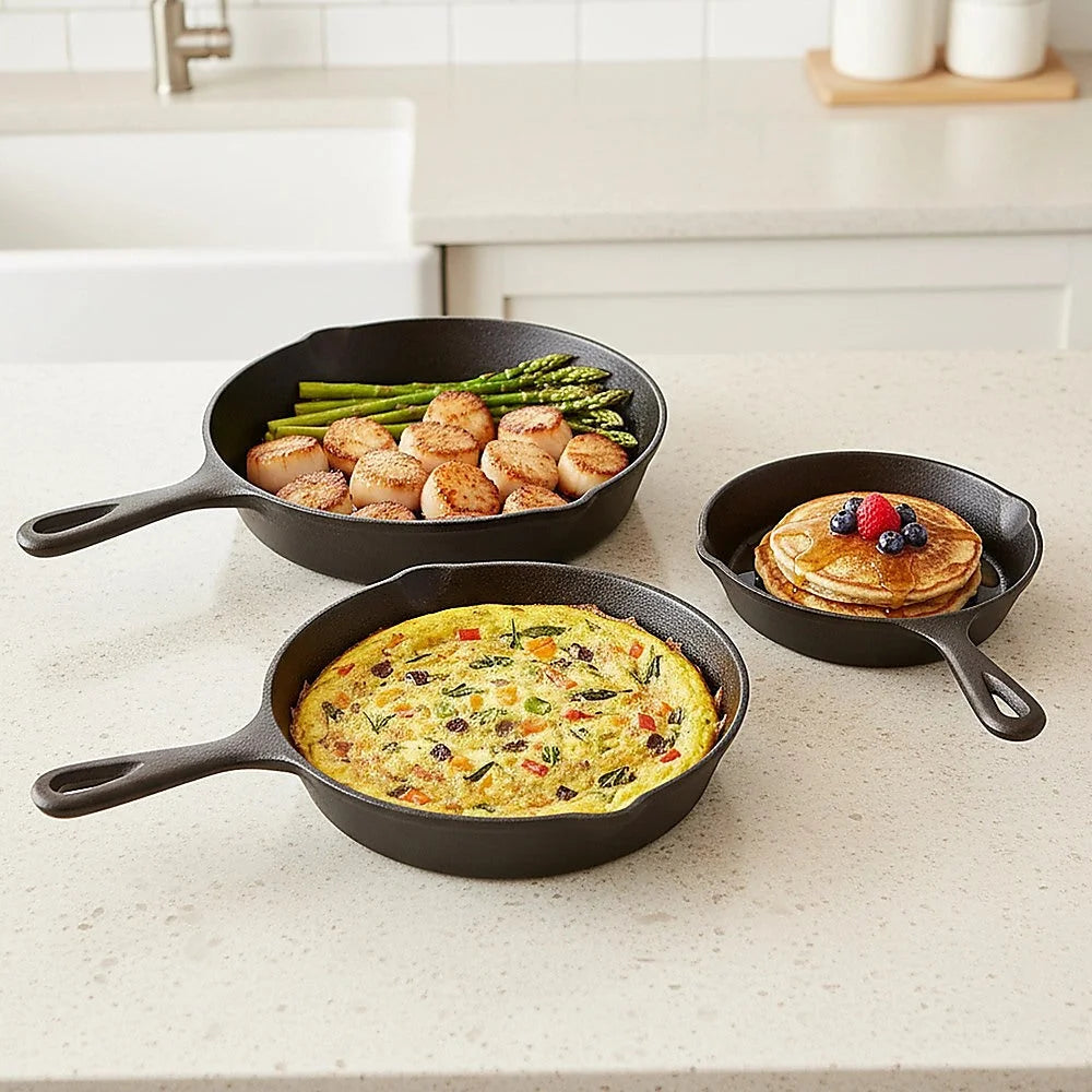 Cast Iron Skillet Fry Pan Set Pre-Seasoned 3 Pcs Frying Pan