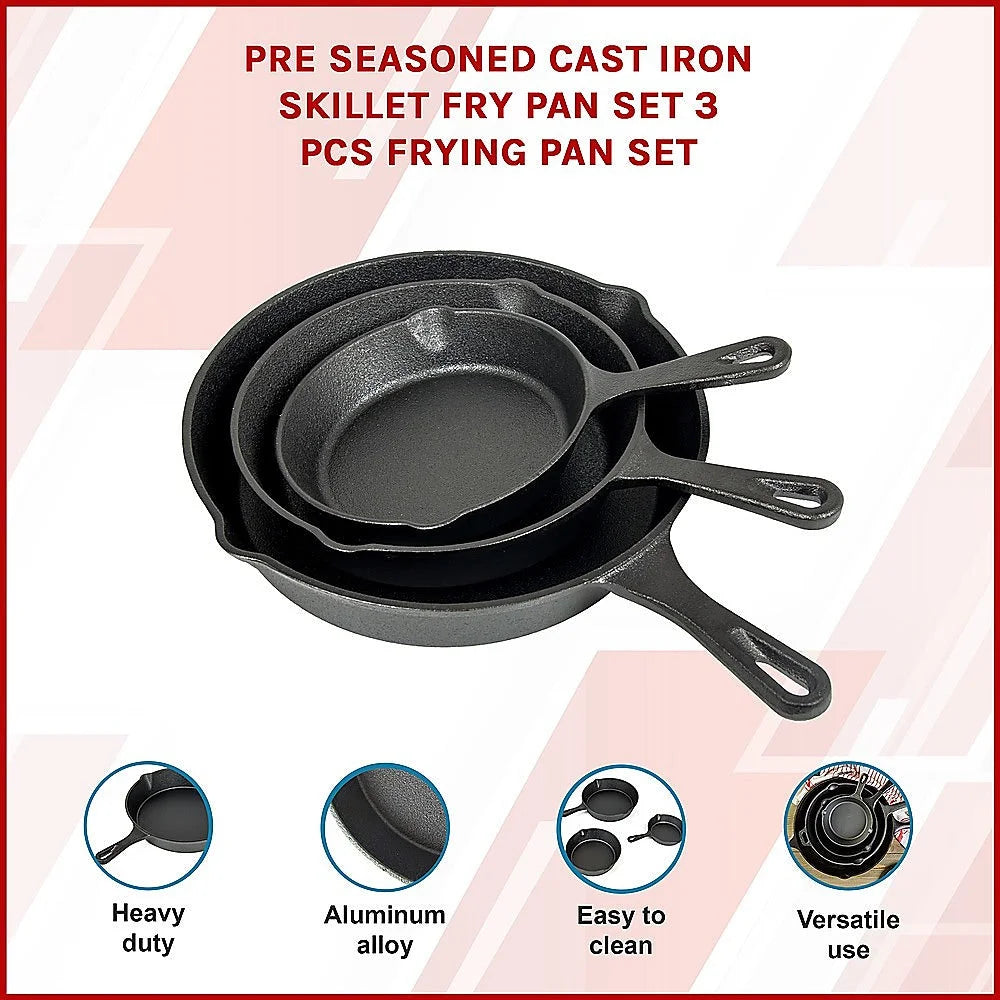 Cast Iron Skillet Fry Pan Set Pre-Seasoned 3 Pcs Frying Pan