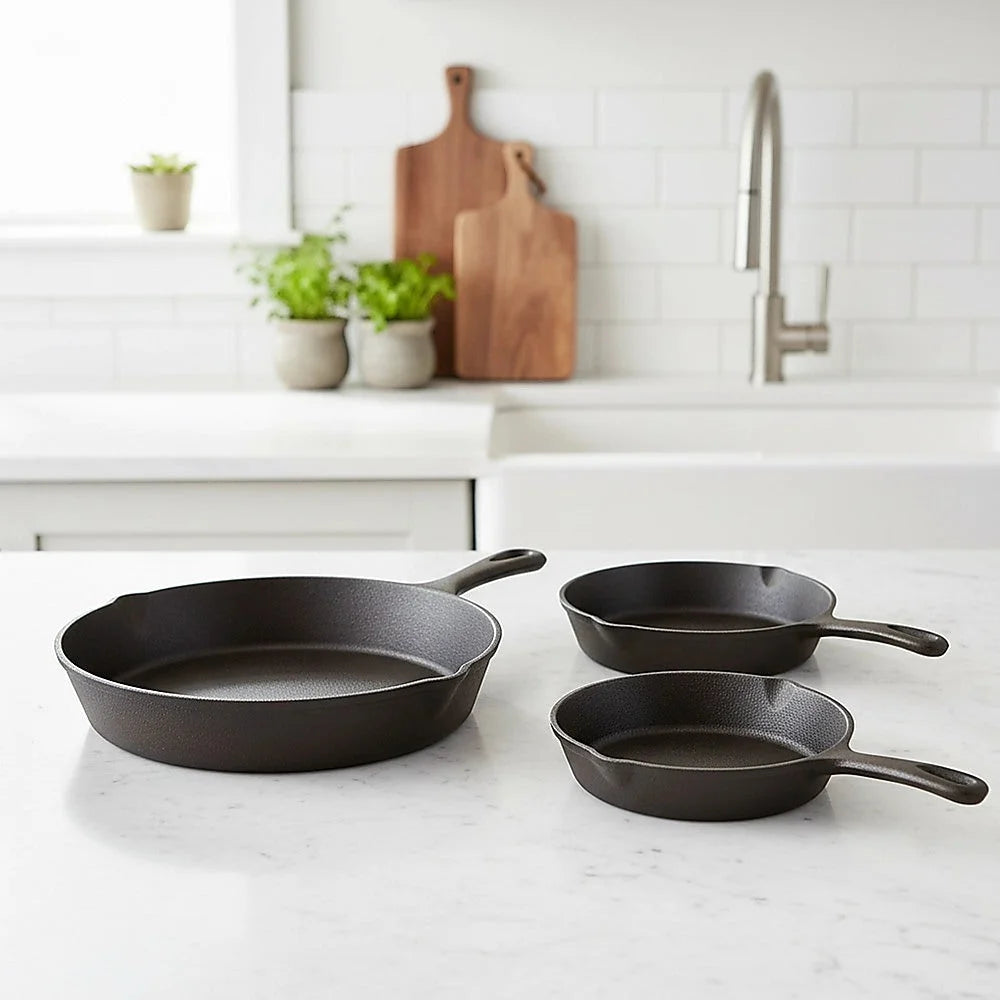 Cast Iron Skillet Fry Pan Set Pre-Seasoned 3 Pcs Frying Pan
