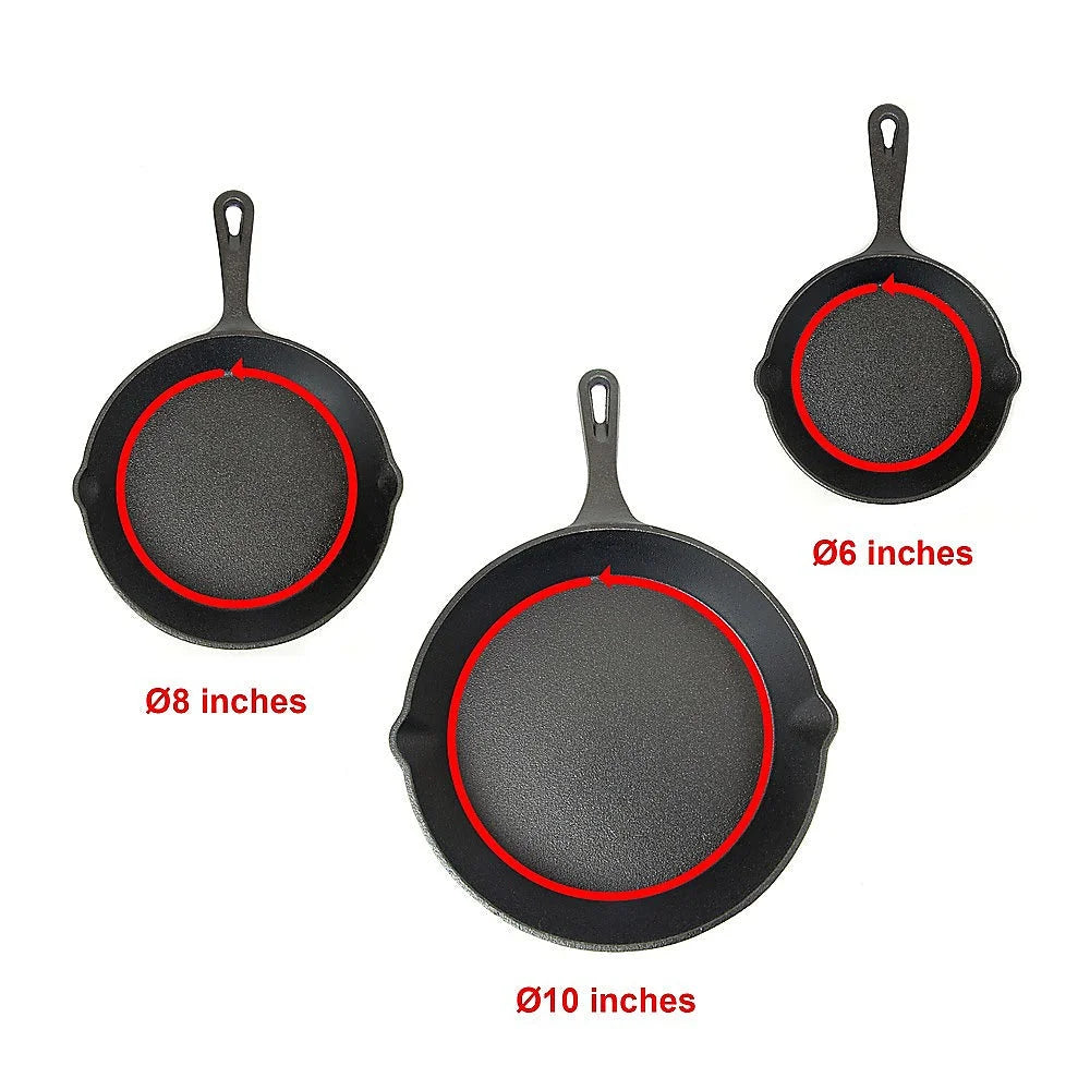 Cast Iron Skillet Fry Pan Set Pre-Seasoned 3 Pcs Frying Pan