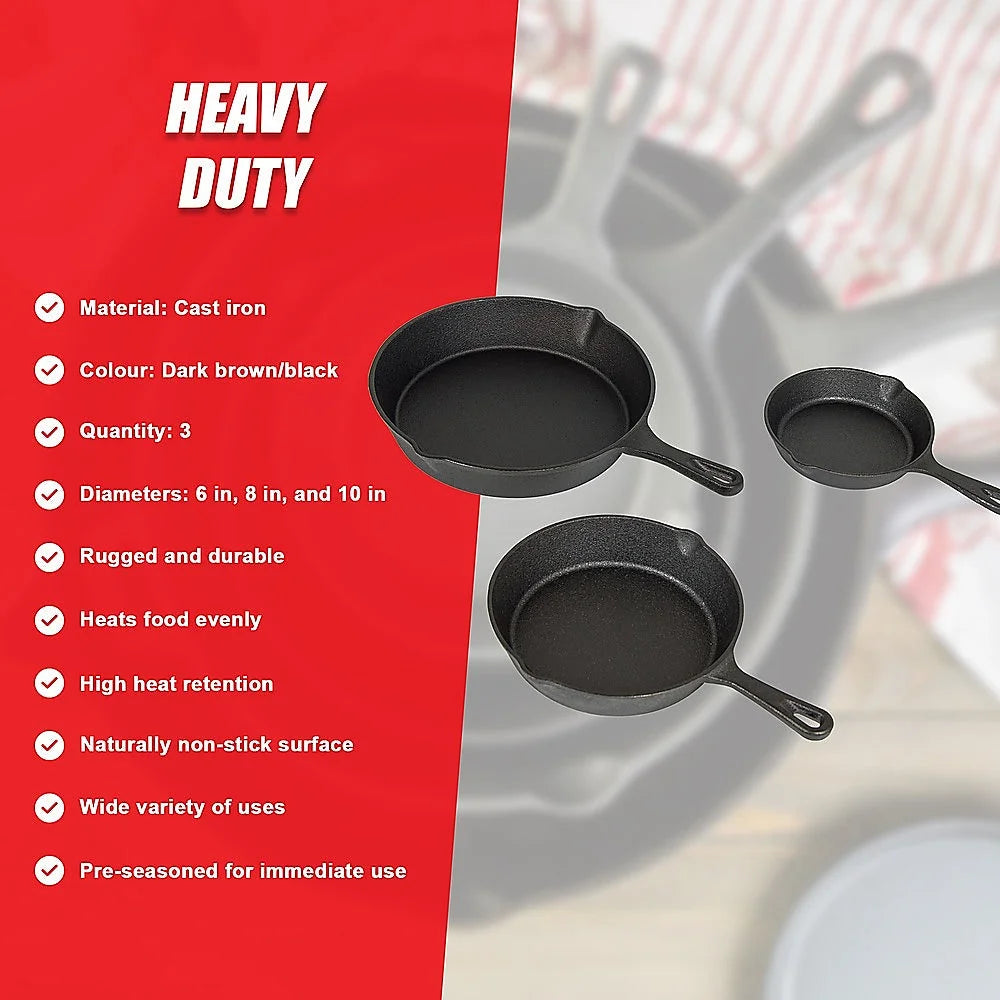 Cast Iron Skillet Fry Pan Set Pre-Seasoned 3 Pcs Frying Pan