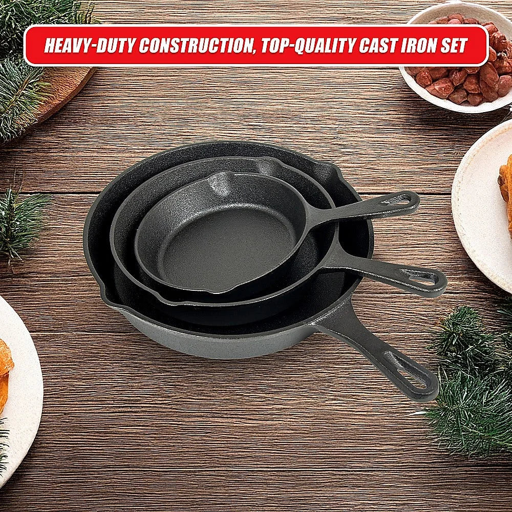 Cast Iron Skillet Fry Pan Set Pre-Seasoned 3 Pcs Frying Pan
