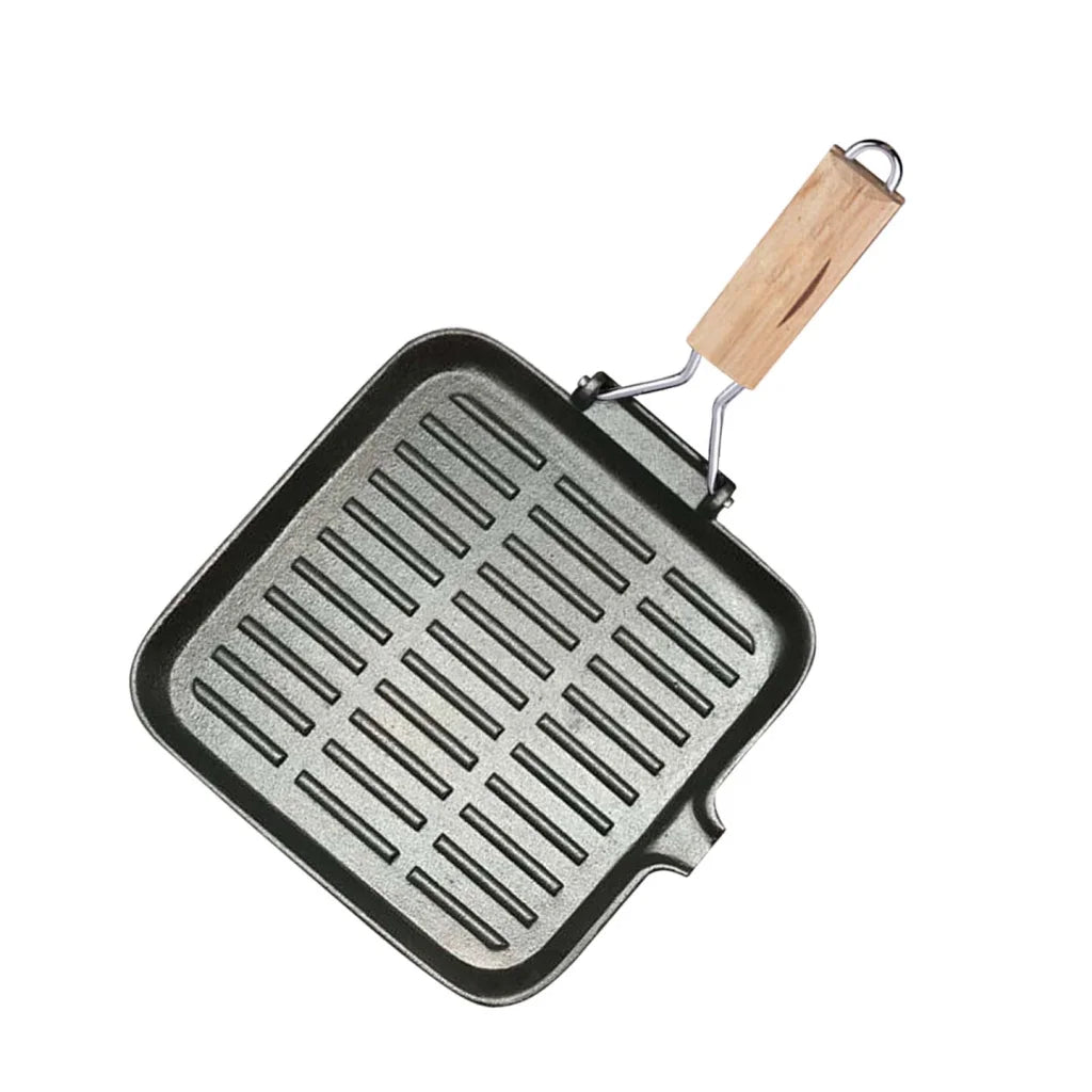 Cast Iron Square Steak Frying Pan Premium 28cm Ribbed Grill Skillet with Folding Wooden Handle