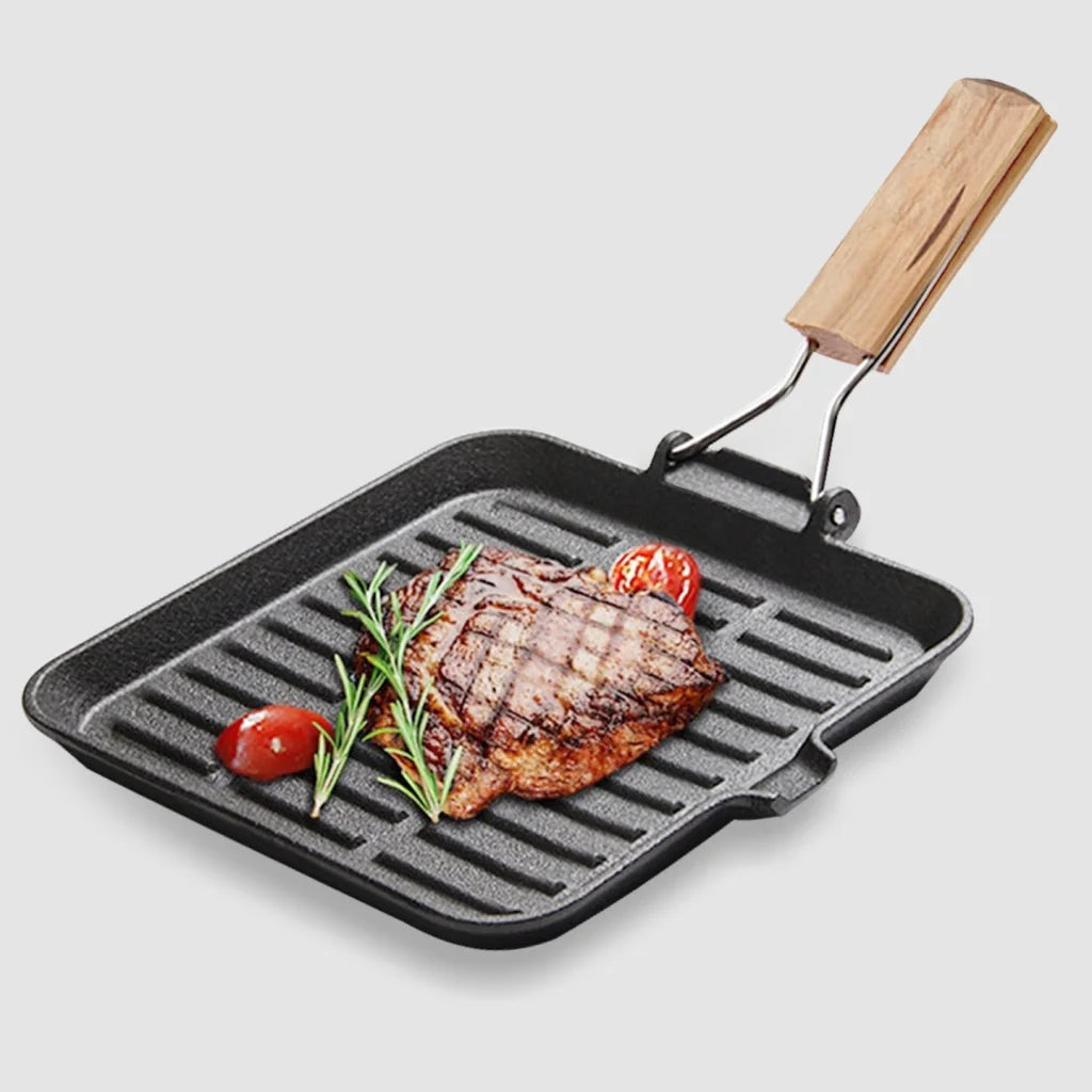 Cast Iron Square Steak Frying Pan Premium 28cm Ribbed Grill Skillet with Folding Wooden Handle