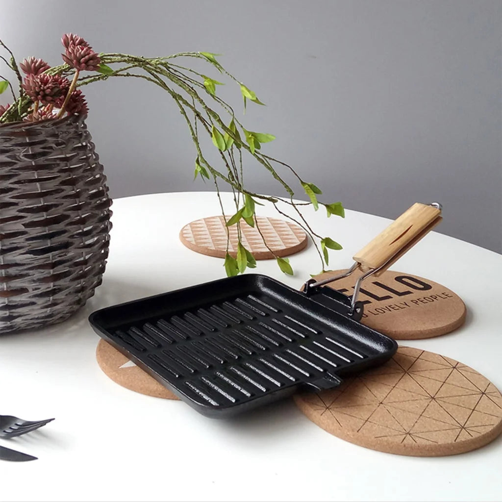 Cast Iron Square Steak Frying Pan Premium 28cm Ribbed Grill Skillet with Folding Wooden Handle