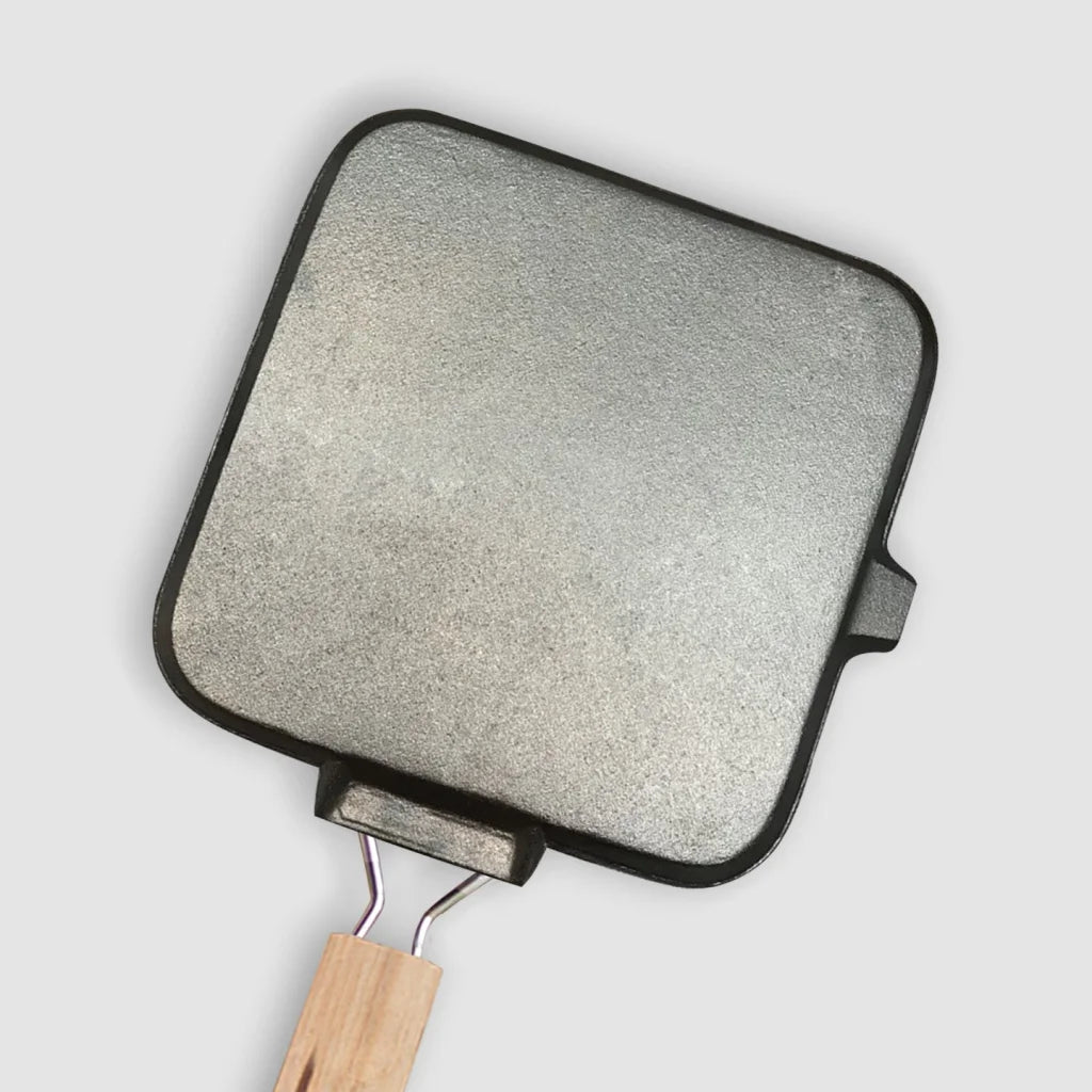 Cast Iron Square Steak Frying Pan Premium 28cm Ribbed Grill Skillet with Folding Wooden Handle