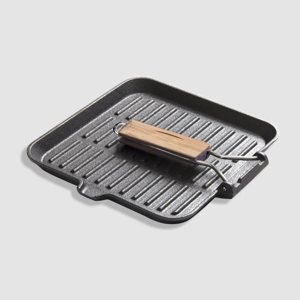 Cast Iron Square Steak Frying Pan Premium 28cm Ribbed Grill Skillet with Folding Wooden Handle