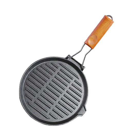 Cast Iron Steak Frying Pan Premium 24cm Round Ribbed Grill Skillet with Folding Wooden Handle