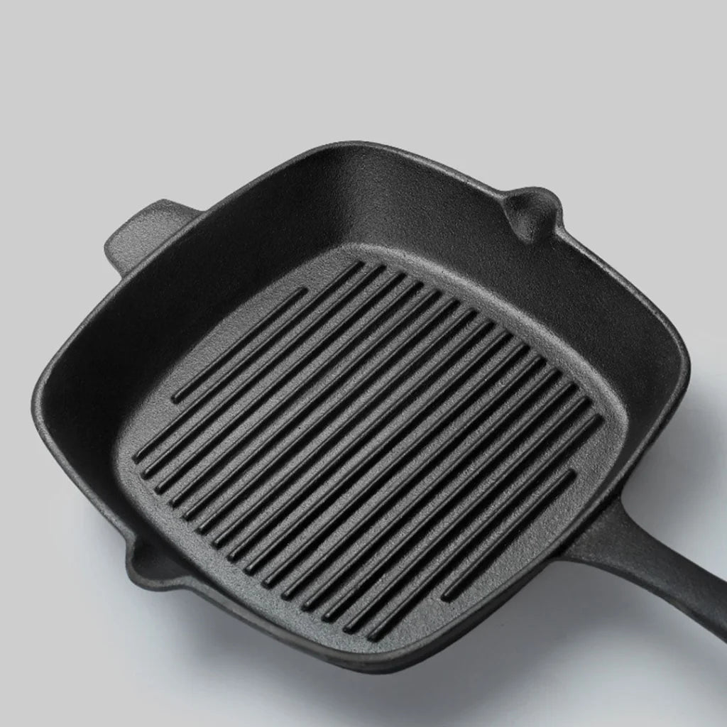 Cast Iron Steak Frying Pan Premium 26cm Square Ribbed Skillet Sizzle Platter with Handle