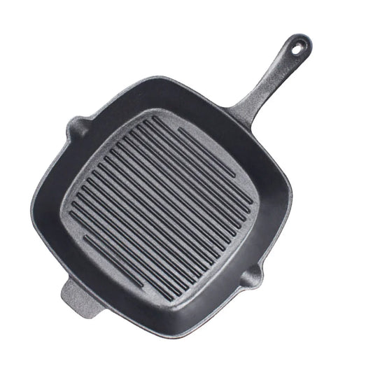 Cast Iron Steak Frying Pan Premium 26cm Square Ribbed Skillet Sizzle Platter with Handle