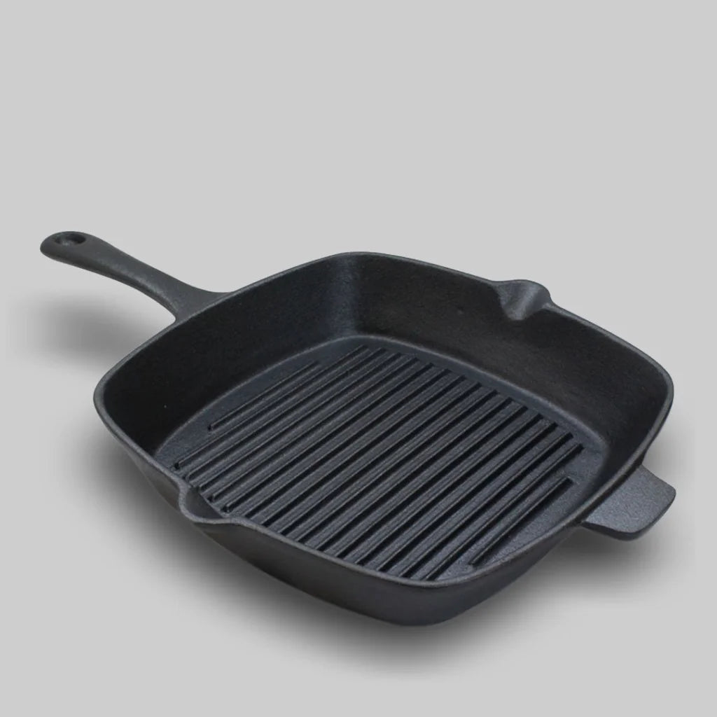 Cast Iron Steak Frying Pan Premium 26cm Square Ribbed Skillet Sizzle Platter with Handle