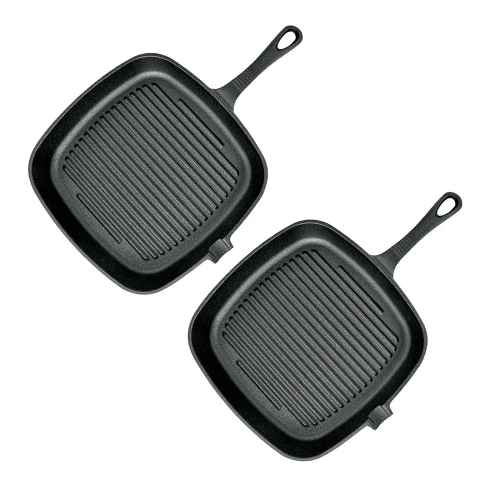 Cast Iron Steak Frying Pan Set Premium 2X 23.5cm Square Ribbed Skillet Sizzle Platter with Handle