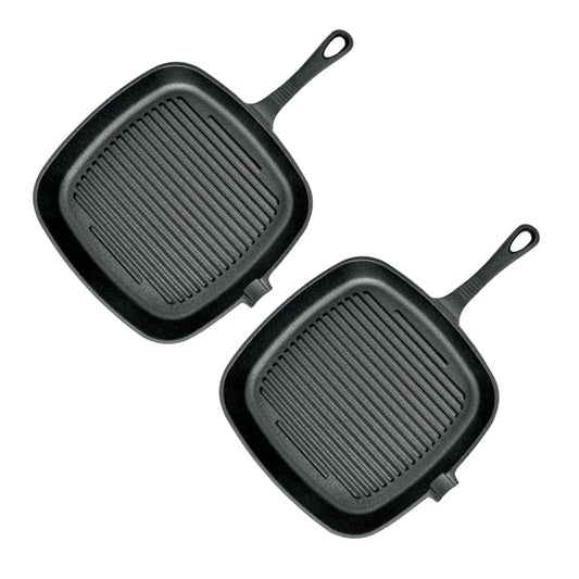 Cast Iron Steak Frying Pan Set Premium 2X 23.5cm Square Ribbed Skillet Sizzle Platter with Handle