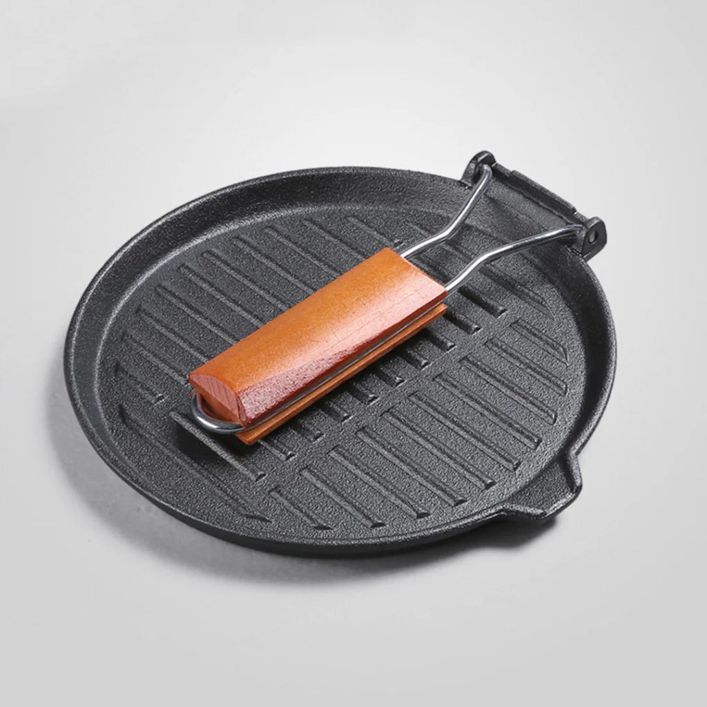 Cast Iron Steak Frying Pan Set Premium 2X 24cm Round Ribbed Grill Skillet with Folding Wooden Handle