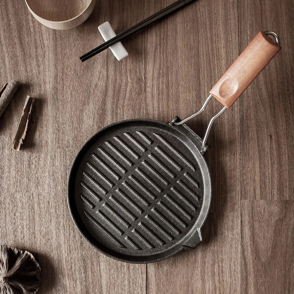 Cast Iron Steak Frying Pan Set Premium 2X 24cm Round Ribbed Grill Skillet with Folding Wooden Handle