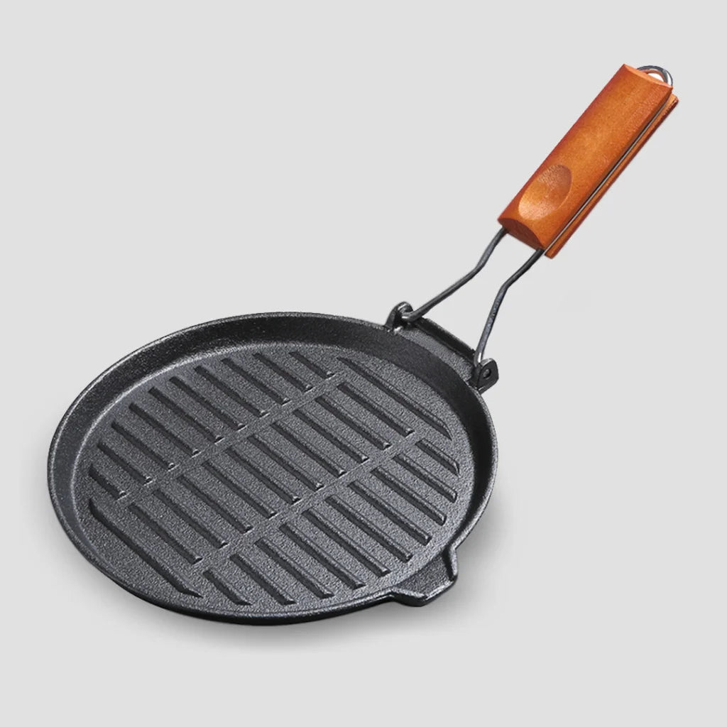 Cast Iron Steak Frying Pan Set Premium 2X 24cm Round Ribbed Grill Skillet with Folding Wooden Handle